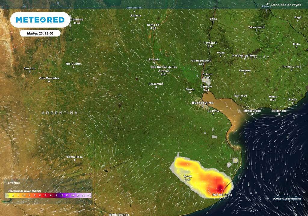 Densidad de rayos Martes 23 de diciembre 15 h. Densidad de rayos Martes 23 de diciembre 15 h.