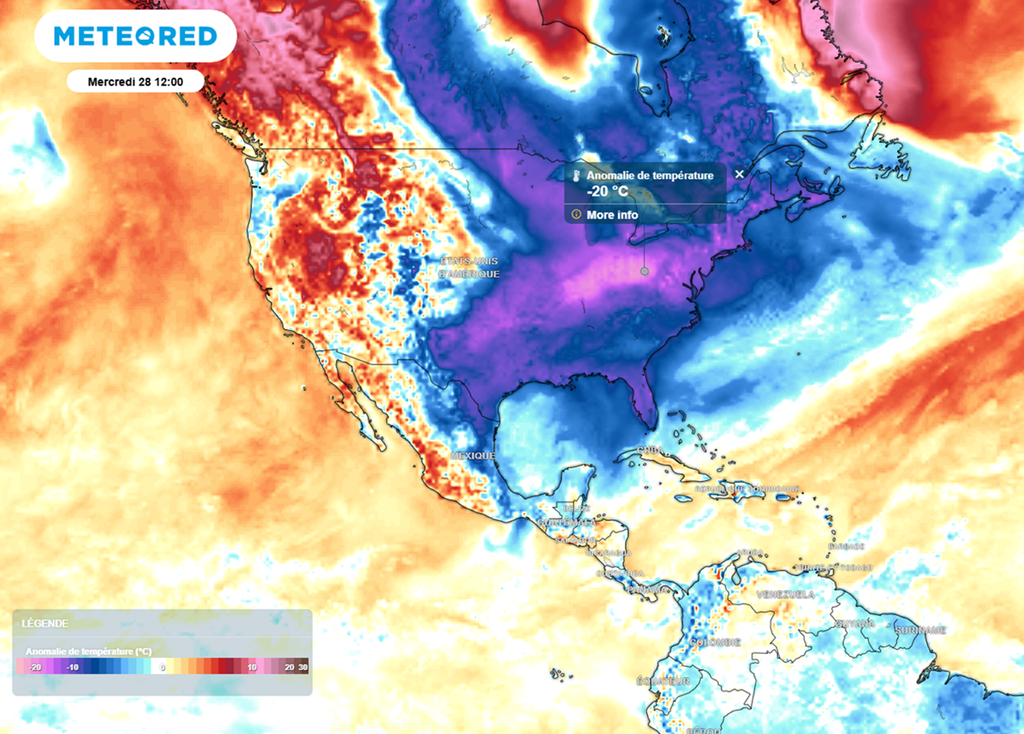 Aux Etats-Unis, les températures sont situées jusqu'à 20°C en dessous des normales de saison. Aux Etats-Unis, les températures sont situées jusqu'à 20°C en dessous des normales de saison.