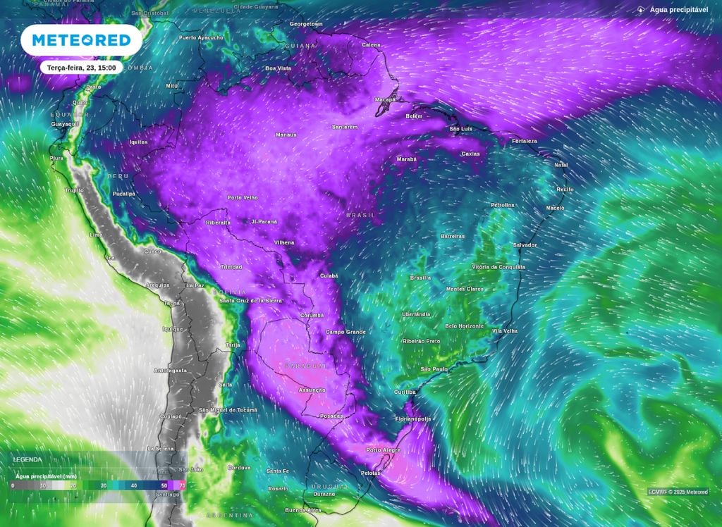 Água precipitável mostra a atuação do VCAN na tarde desta terça-feira (23). Água precipitável mostra a atuação do VCAN na tarde desta terça-feira (23).