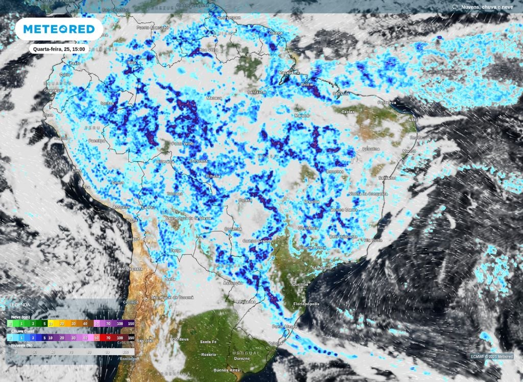 Precipitação prevista para a tarde de quarta-feira (25). Frente fria atua no RS e SC, enquanto que no Sudeste e Centro-Oeste, pancadas de chuva acontecem de forma irregular nas regiões.