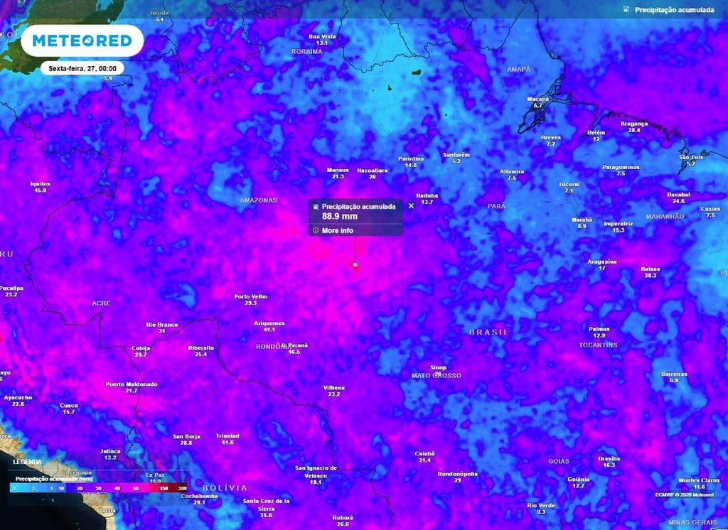 Precipitação acumulada. Previsão de chuva acumulada até o final desta quinta-feira (26). Destaque para o sudeste do Amazonas com volume próximo de 90 mm.
