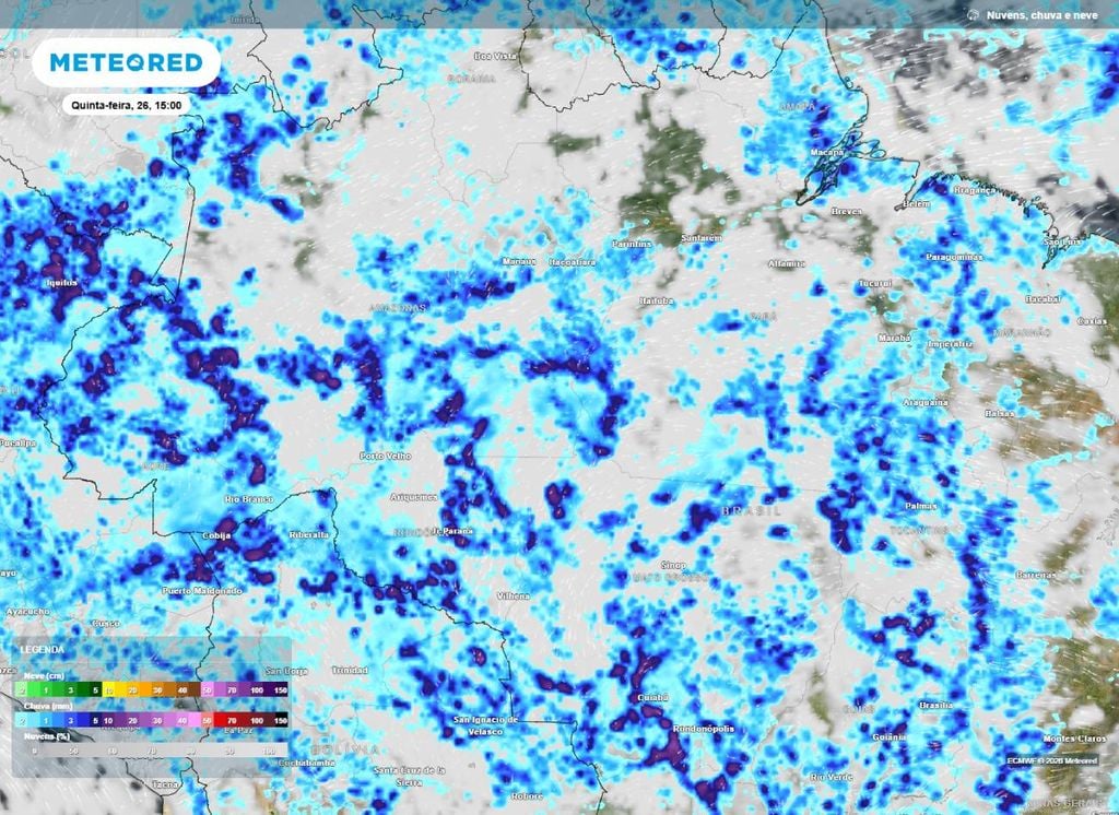 Mapa de chuva para o centro-norte do Brasil. Previsão de chuva e nebulosidade para a tarde desta quinta (26) sob o centro-norte do Brasil. Destque para áreas do AC, RO e norte do MT, com intensidade mais fortes.