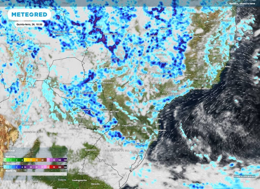 Previsão de chuva para o centro-sul do Brasil. Previsão de chuva para o centro-sul do Brasil na tarde desta quinta-feira (26).