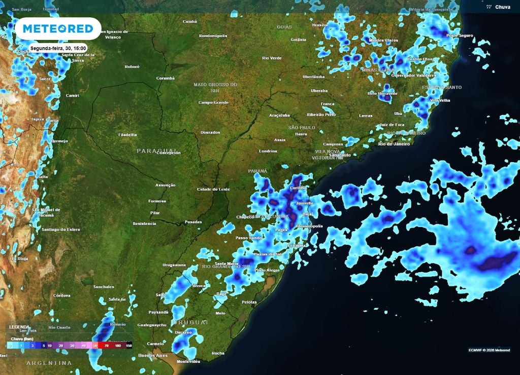 Previsão de chuvas para a tarde da segunda-feira, 30 de março.