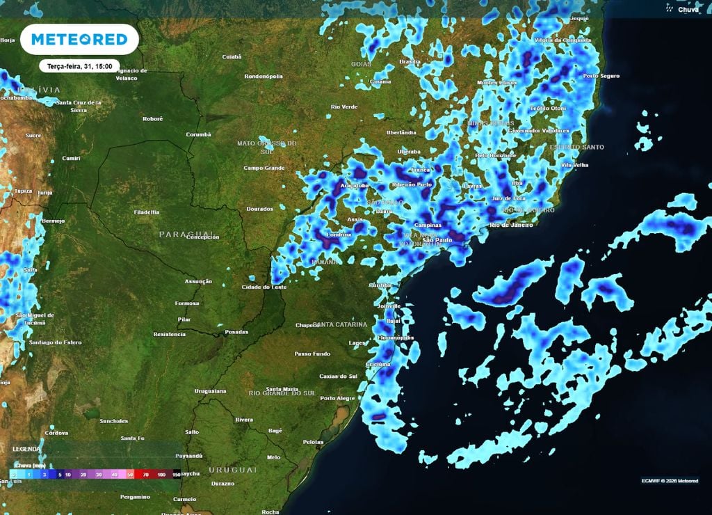 Previsão de chuvas para a tarde da terça-feira, 31 de março.