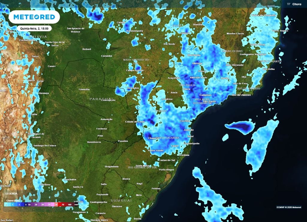 Previsão de chuvas para a tarde da quinta-feira, 2 de abril.