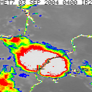 Imagen IR coloreada para realzar los topes más fríos. Fuente SMC. Imagen IR coloreada para realzar los topes más fríos. Fuente SMC.