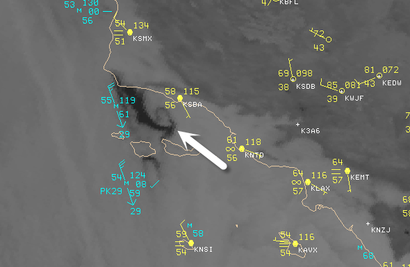 Imagen GOES en el canal visible. El remolino costero se observa en el centro de la imagen: arribaDetalle con datos de superficie: abajo