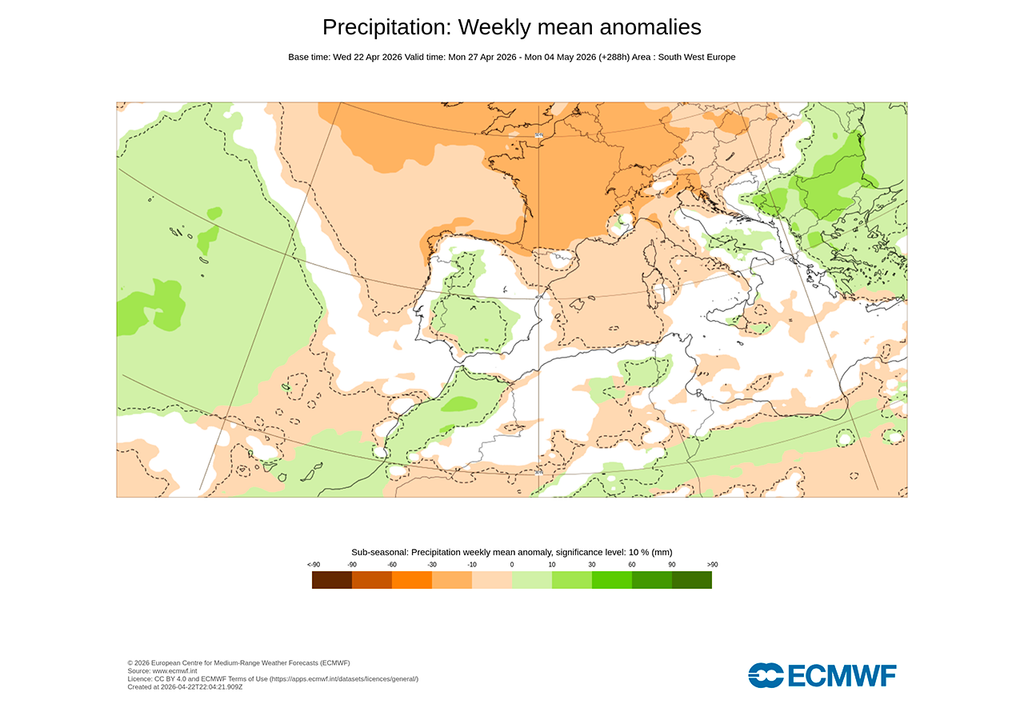 Mapa de anomalías de precipitación para Europa durante la semana que viene, según el modelo europeo.