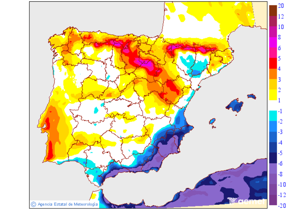 Vuelcos térmicos de hasta 8 ºC: el norte sentirá el ascenso y el desplome continuará en el sureste. Fuente: AEMET.