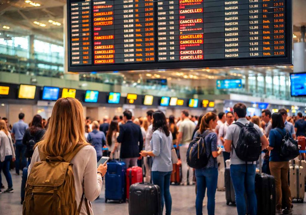 Cancelación de vuelos Pasajeros esperan en el aeropuerto tras vuelos cancelados a última hora por el cierre del espacio aéreo en Oriente Medio. Los viajeros pueden exigir reembolso, transporte alternativo y asistencia, según el Reglamento 261/2004.