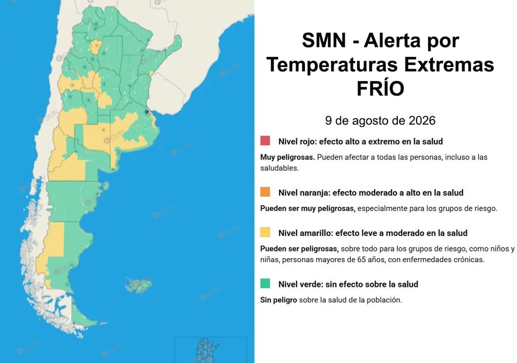 Alertas frío El SMN ha emitido alertas de nivel amarillo por frío extremo en 12 provincias para hoy domingo