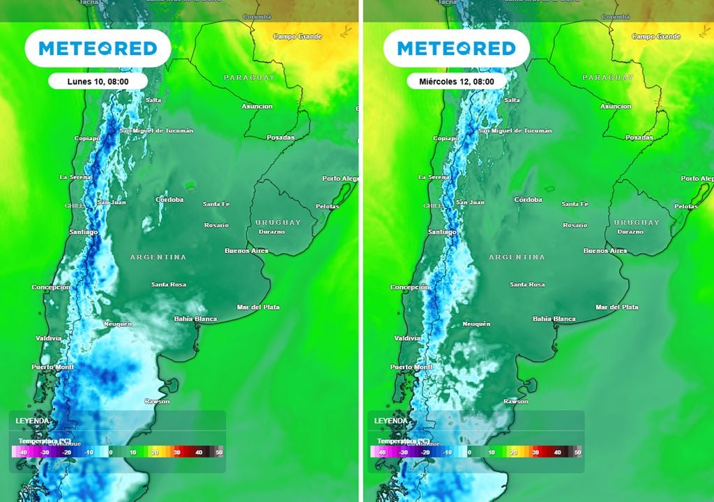 Cambio de temperatura En la imagen se puede apreciar la diferencia de temperaturas mínimas en Argentina entre la mañana del lunes 10 y la del miércoles 12