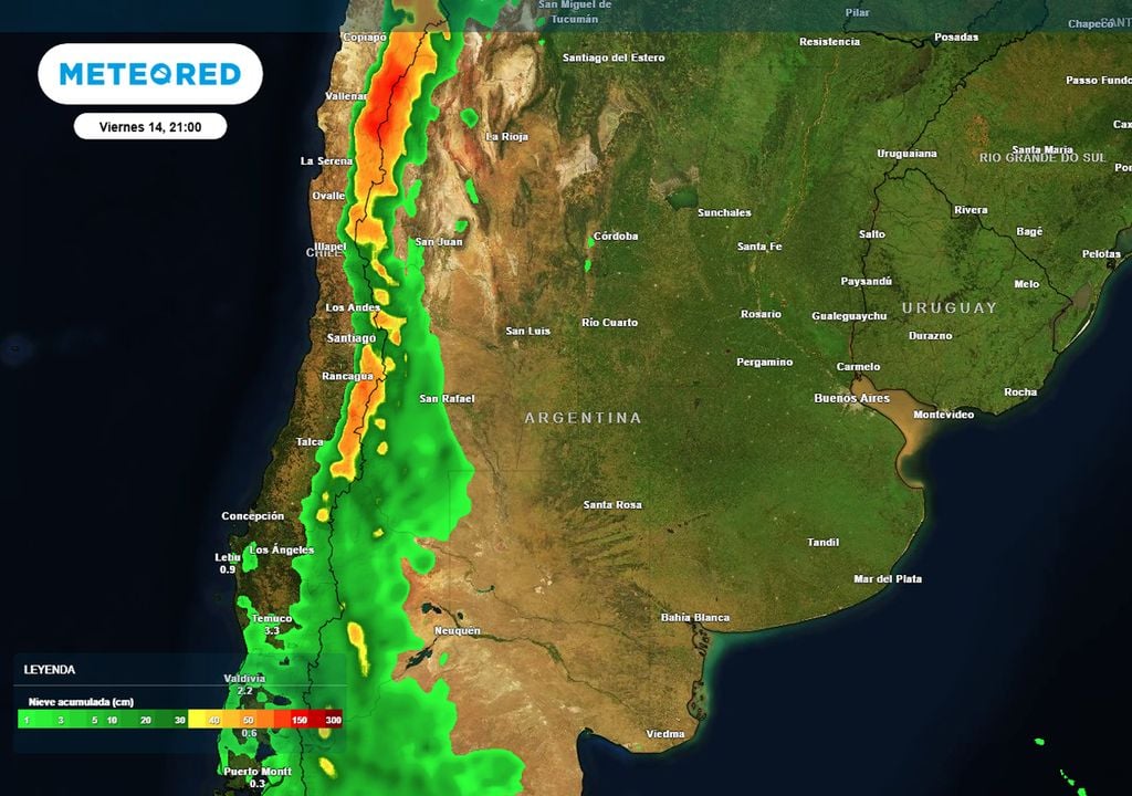 Nevadas argentina Mapa de acumulados de nieve hasta la noche del viernes 14. Se esperan algunos acumulados mínimos en las sierras cordobesas.