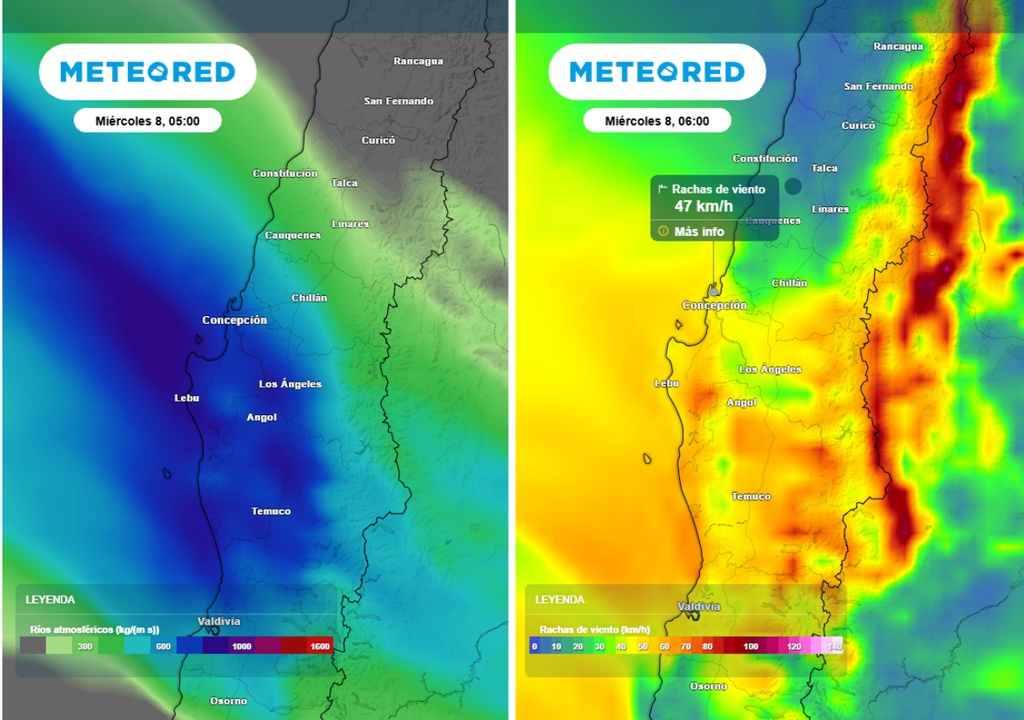 mapas de río atmosférico y rachas de viento Este miércoles se espera el arribo de un río atmosférico que afectará en mayor medida a la región de Biobío con lluvias y vientos.