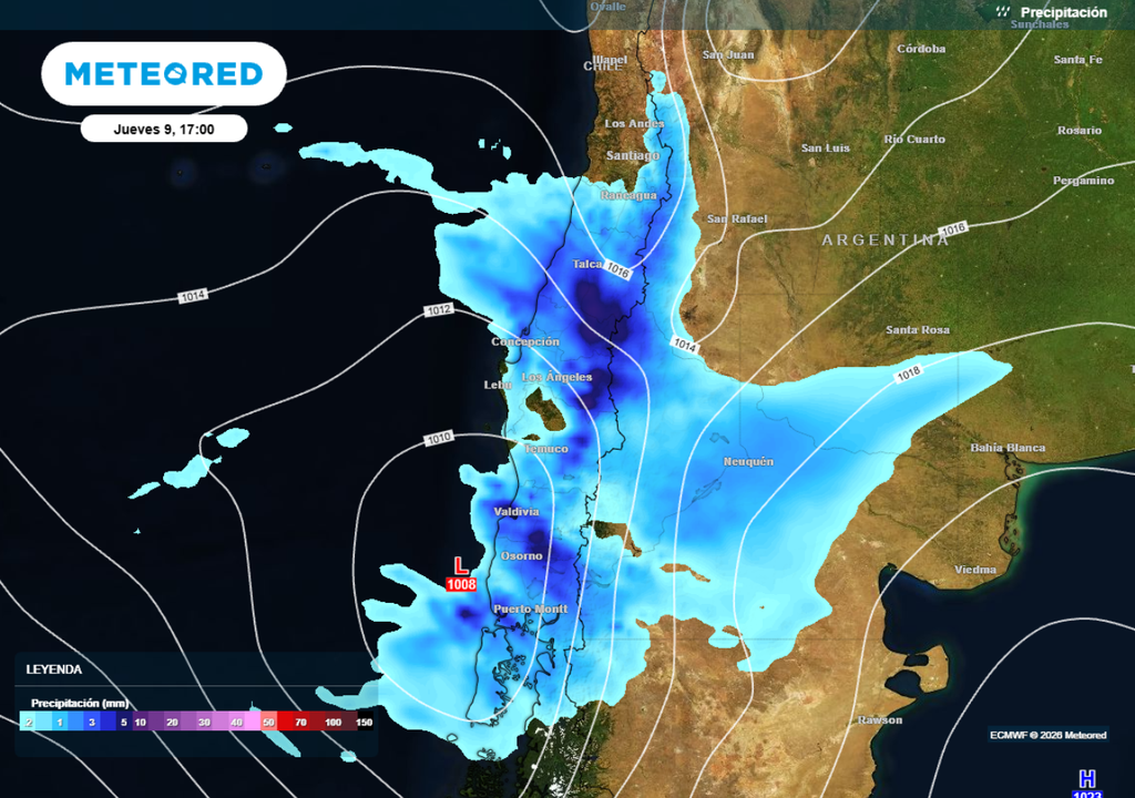 mapa de precipitaciones con isobaras El jueves llegará un segundo sistema frontal que aportará una atmósfera más inestable a la zona central.