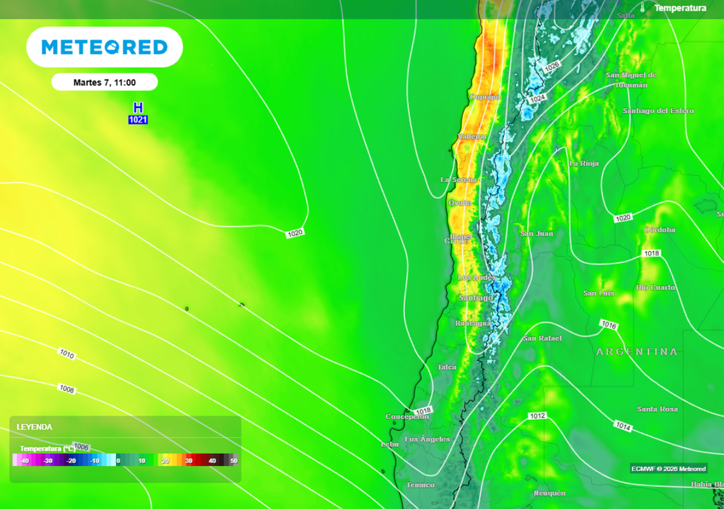 mapa de temperatura con isobaras Este inicio de semana estará dominado por condiciones de estabilidad. Las altas presiones, junto a la dorsal en altura, permitirán el ascenso térmico en 3 regiones.