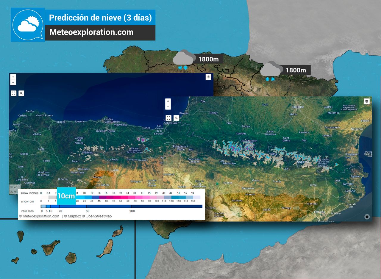 El modelo WRF prevu00e9 acumulados de nieve superiores a los 10cm en Picos de Europa y Pirineos. Fuente: Meteoexploration.com