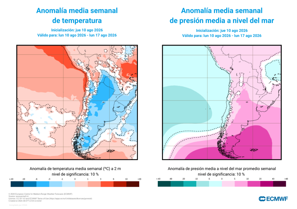 anomalías de presión y temperaturas Las lluvias más importantes de la próxima semana serán cálidas.