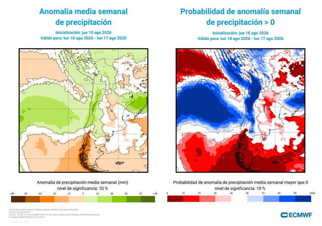 Anomalías de precipitación Del Biobío al norte, las precipitaciones serán más importantes durante la próxima semana, con alta probabilidad de superar el promedio.
