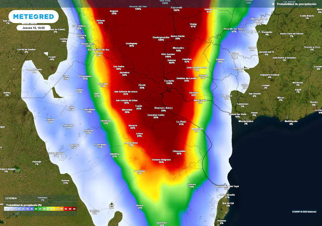 Tiempo Pronóstico AMBA Buenos Aires El modelo europeo prevé una alta probabilidad de precipitaciones en el AMBA este próximo jueves.