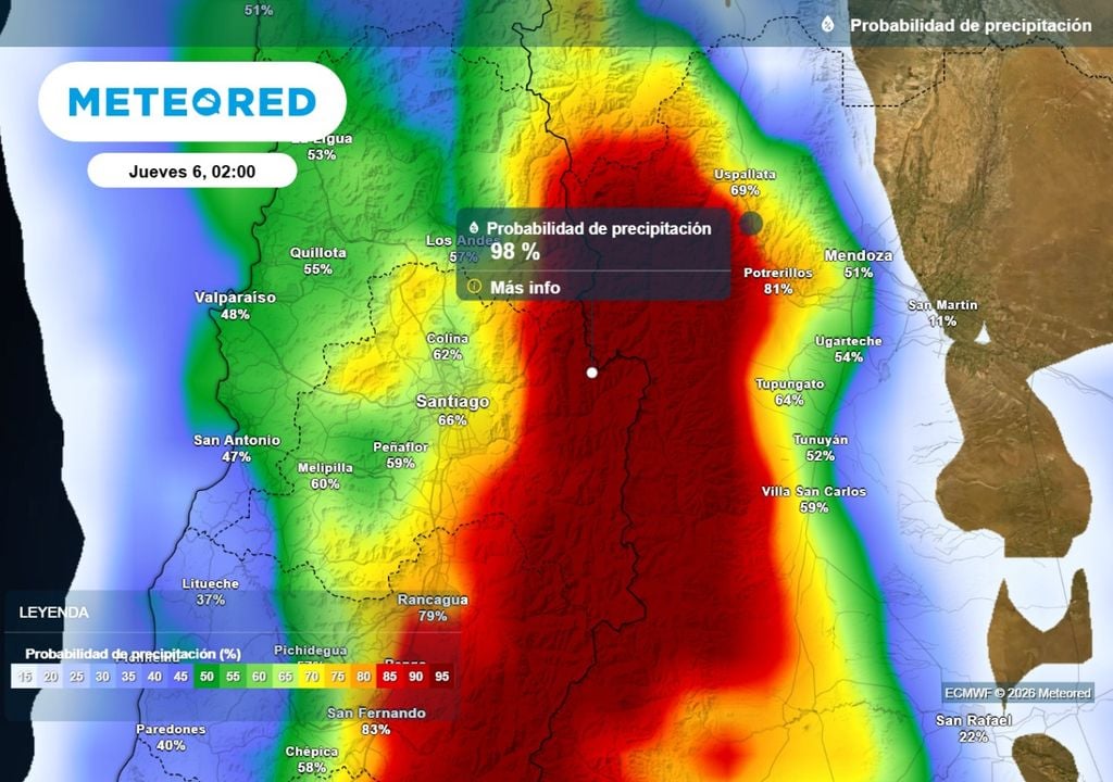Probabilidad de precipitaciones ECMWF: sobre el 95 % la probabilidad de precipitaciones en zonas crdilleranas de la RM el jueves y más del 60% en el valle de Santiago.