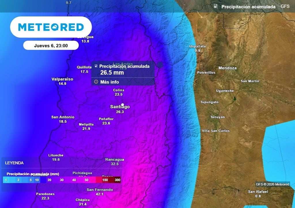 GFS Modelos no terminan de ajustarse: GFS prevé acumulados superiores al modelo europeo este jueves en Santiago.