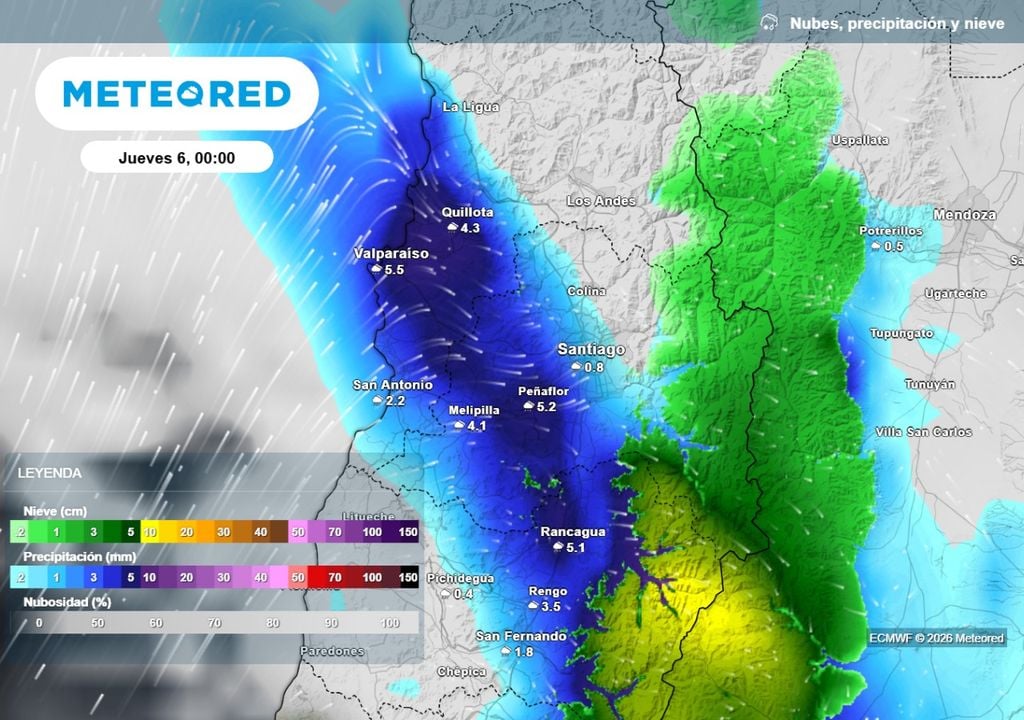 ECMWF La medianoche del jueves será clave para la llegada de un nuevo sistema frontal a Santiago: llovería durante la madrugada en la capital.