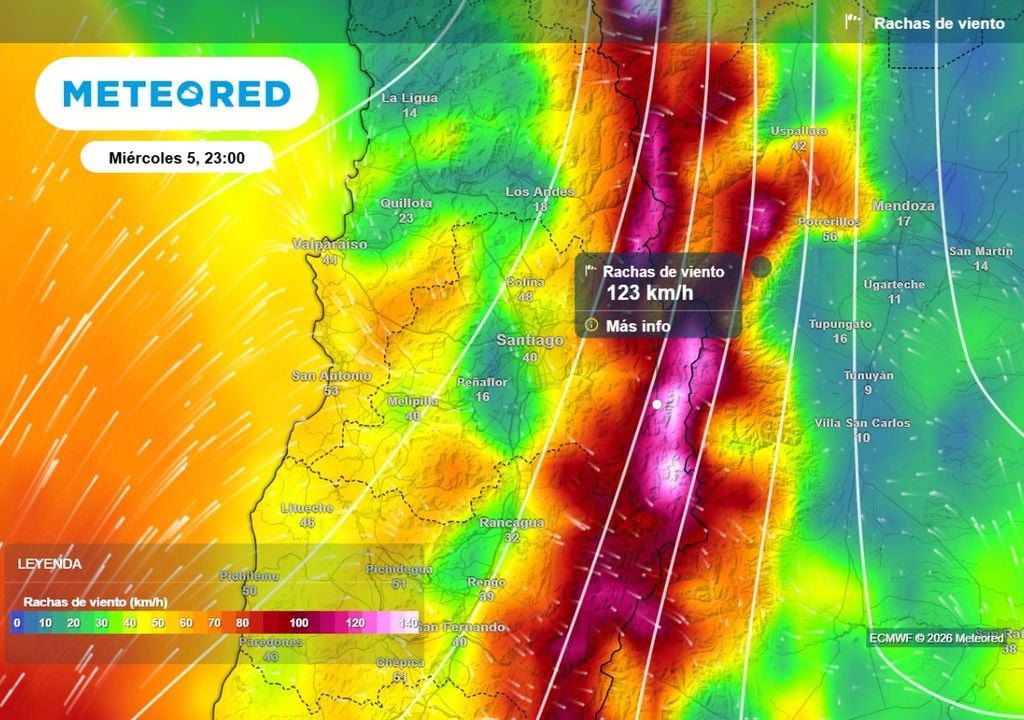 Rachas de viento DMC emitió aviso por vientos para la RM: modelo europeo indica rachas sobre los 100 km/h en zonas más elevadas de la cordillera metropolitana.