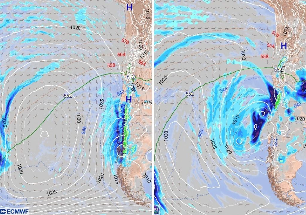 Precipitaciones Modelo ECMWF (imagen izquierda) muestra por el momento chubascos débiles en Santiago, mientras el GFS (imagen derecha) prevé precipitaciones más fuertes llegando a la RM.