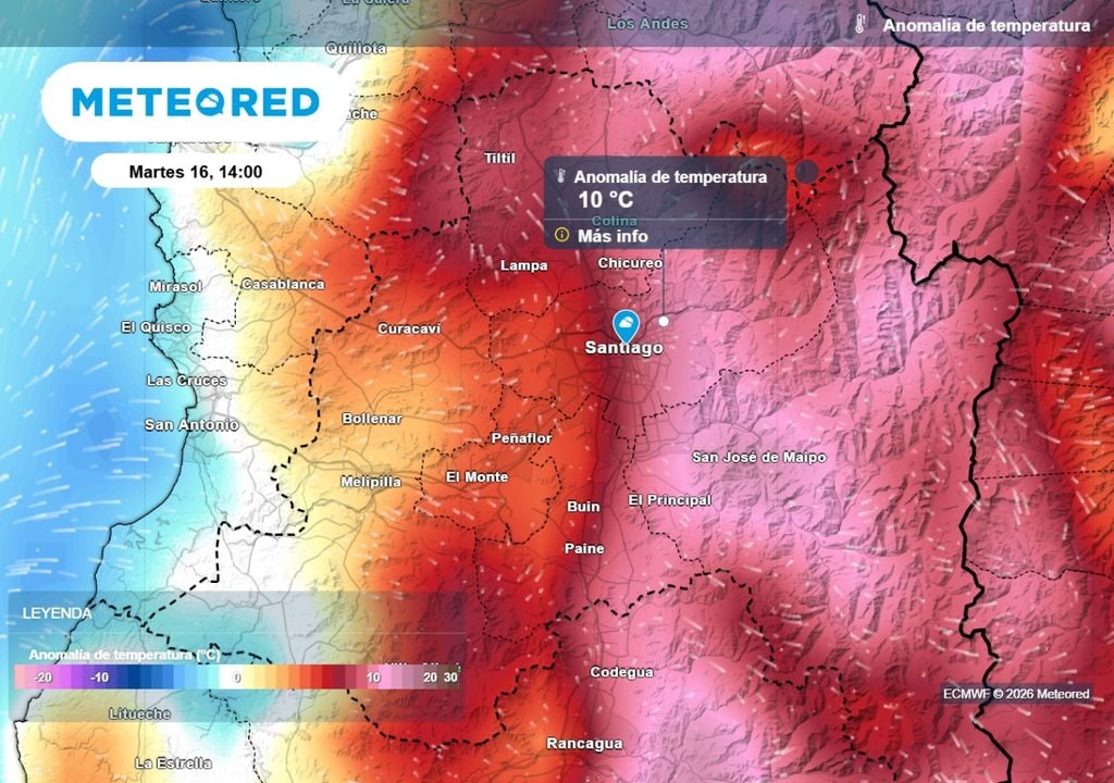 Temperaturas anómalas Entre lunes y martes Santiago podría acercarse a los 20 °C, temperaturas que sin dudas exceden los valores promedios para la época.