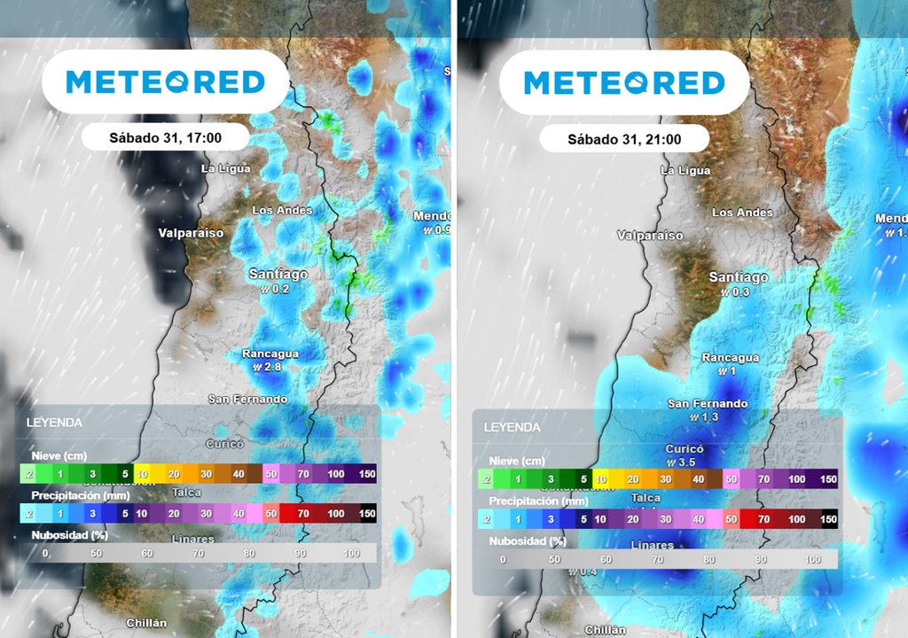 Modelo ECMWF (imagen izquierda) prevé chubascos en Santiago en la tarde del sábado, mientras el modelo GFS indica un escenario similar durante horas de la noche (imagen derecha).