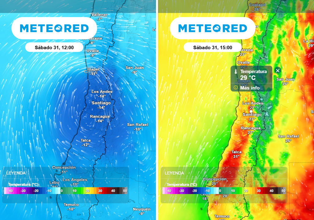 El núcleo frío llegaría a la RM desde el mediodía del sábado, mientras las máximas en Santiago no superarían los 29 °C este día.