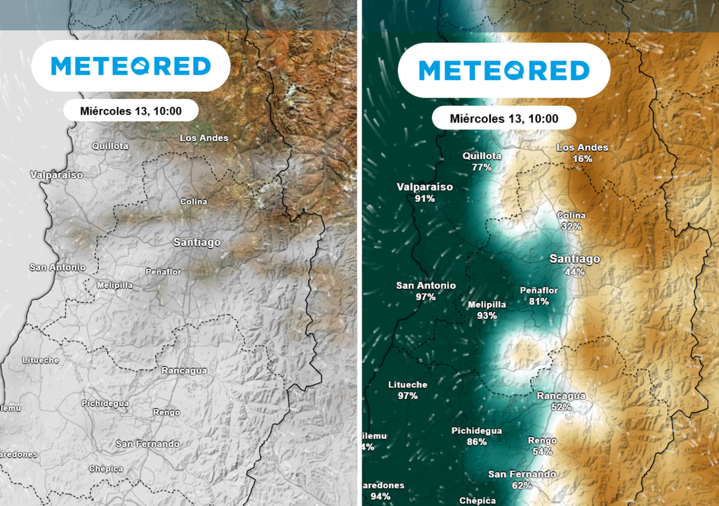 Nubes y humedad relativa Desde el miércoles aumentan notoriamente las nubes en la RM: zonas del poniente serán las más afectadas inicialmente.