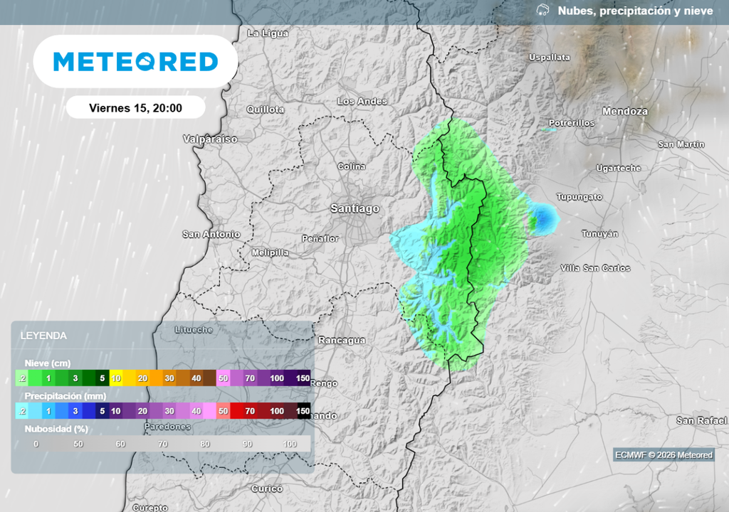Nubes y precipitaciones Cielo cubierto y posibles chubascos en la cordillera este viernes en la Región Metropolitana.