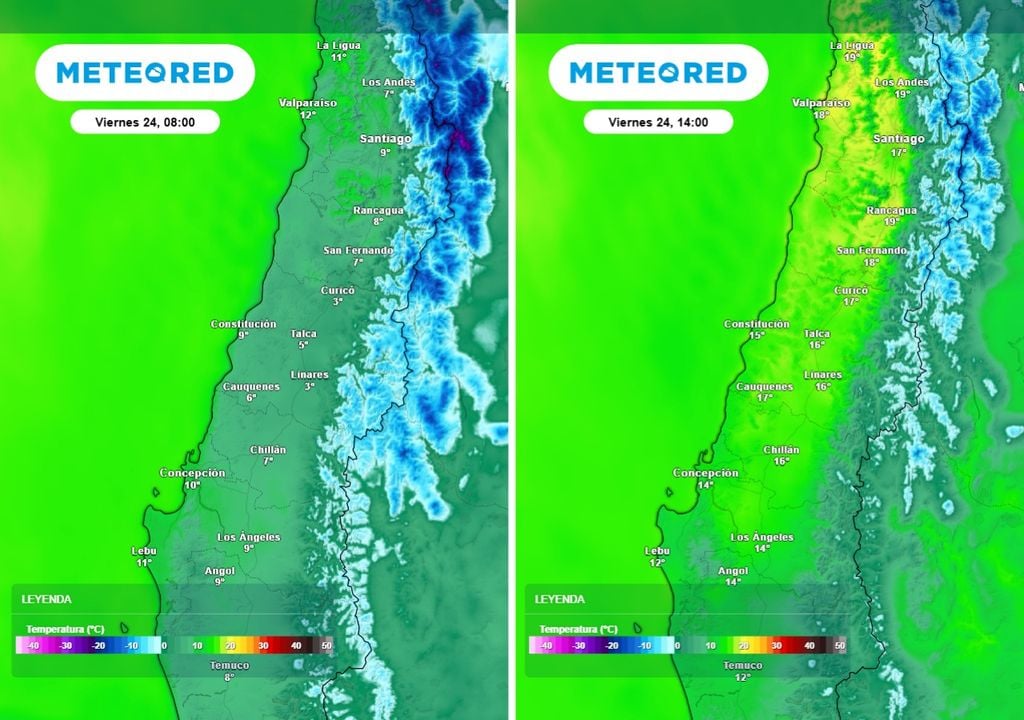 Temperaturas minimas y máximas para la jornada del viernes, se observa una baja amplitud térmica asociada a la abundante nubosidad.