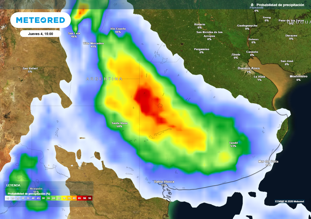 Pronóstico, Clima, Tiempo, Argentina, Lluvias, Buenos Aires, La Pampa, Precipitaciones, Circulación, Acumulados, Humedad, Frente Frío, Semanal, Meteorología, Agro Probabilidad de precipitaciones durante el próximo jueves según mapas propios basados en nuestro modelo de confianza ECMWF