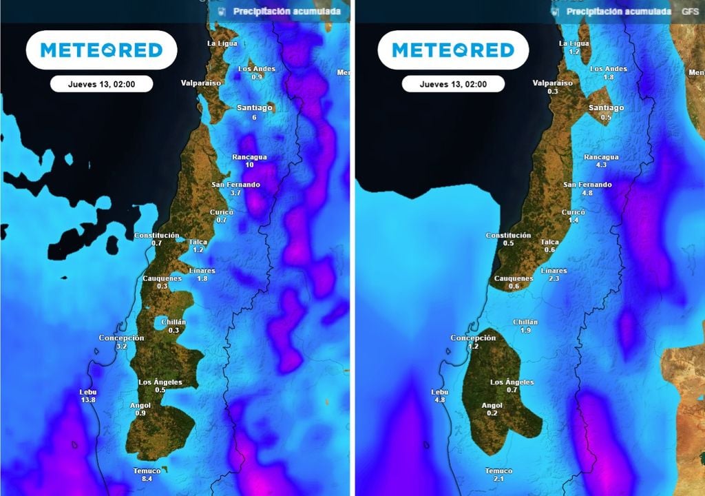 Tanto ECMWF como el GFS muestran que las mayores acumulaciones del día miércoles serán en sectores interiores.