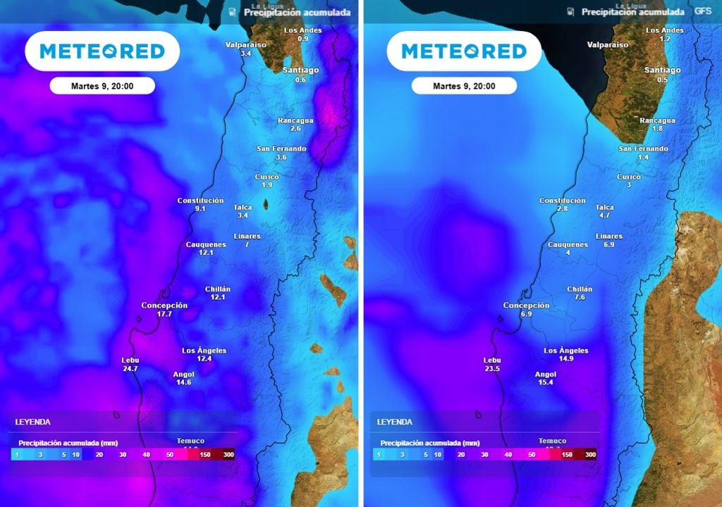Consenso de modelos: Acumulados previstos por el ECMWF y GFS hasta la tarde del martes. Aunque el mapa ya muestra montos importantes, la jornada del miércoles concentrará la mayor intensidad del sistema frontal en la zona central.