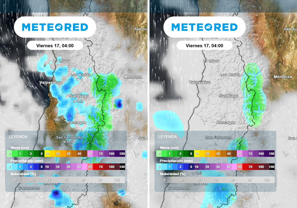 Modelo europeo prevé precipitaciones en Santiago este viernes, mientras el modelo GFS indica lluvias acotadas en cordillera.
