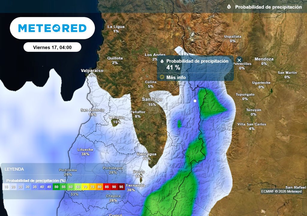 Santiago tiene alrededor de un 15% de probabilidad de ocurrencia de lluvias este viernes 17.