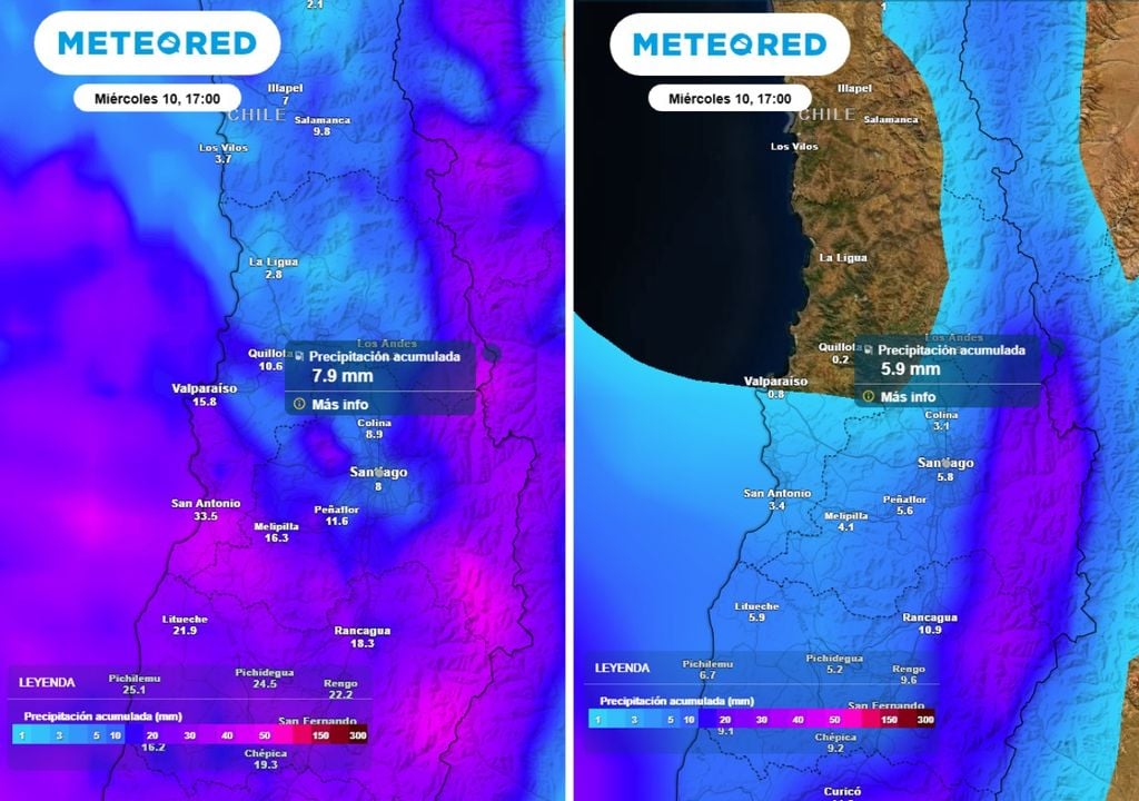 mapas de precipitación acumulada (ECMWF vs. GFS) En el mapa a la izquierda se observa la precipitación acumulada prevista por el modelo europeo, mientras que a la derecha la prevista por el GFS: la diferencia entre ambos consiste en los montos y la distribución de la lluvia durante el miércoles.