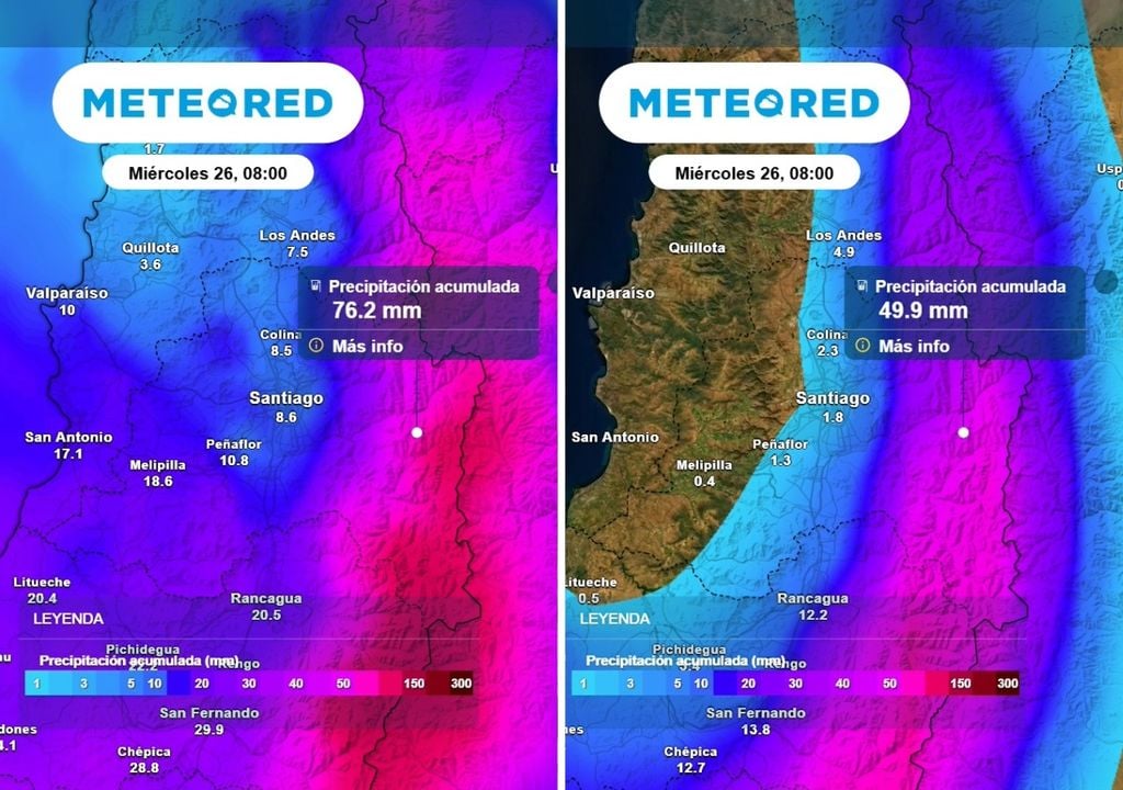 Precipitación acumulada ECMWF y GFS Aunque los modelos ECMWF (imagen izquierda) y GFS (imagen derecha) muestran acumulados no tan alejados hacia zonas cordilleranas, en los valles centrales si contemplan acumulados muy distintos.