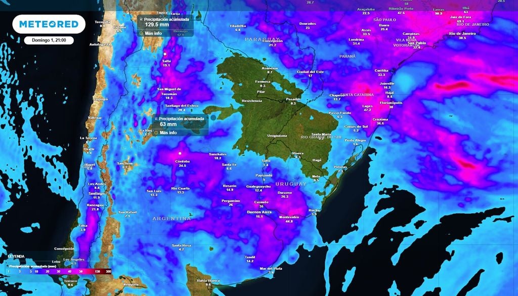 Precipitación acumulada hasta el domingo: se esperan acumulados superiores a los 60 mm en el norte cordobés, y más de 100 en sectores del NOA.