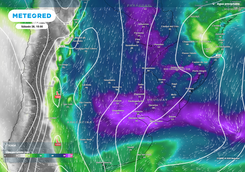 Durante el viernes 27 aumentará marcadamente la humedad en la capa baja de la atmósfera sobre Buenos Aires (Imagen del índice de Agua Precipitable).
