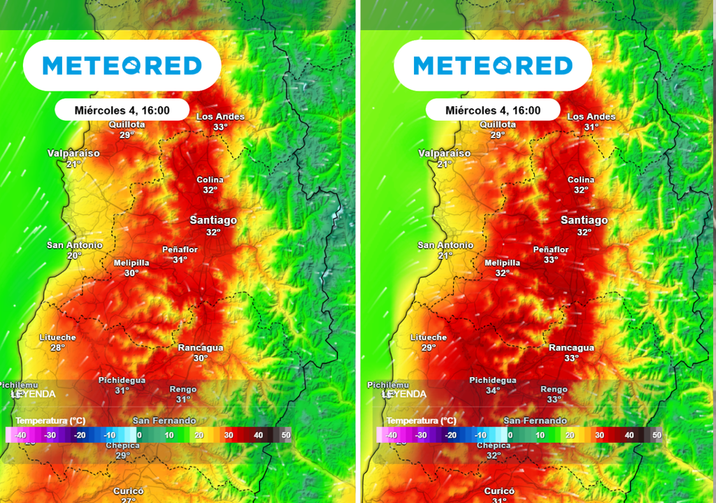 ECMWF y GFS El GFS nosteamericano (imagen derecha) muestra las temperaturas más elevadas este miércoles en Santiago y la RM.