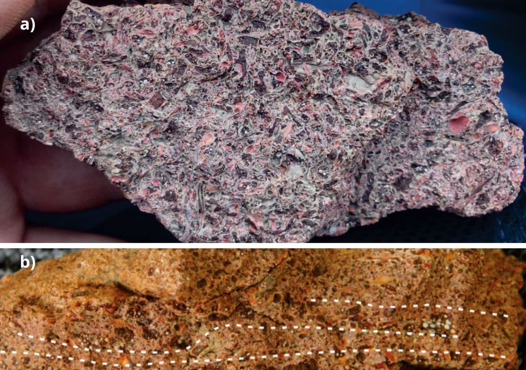 Amostra contendo rocha piroclástica (tons avermelhados) unida por uma massa bege e branca, servindo como cimento (a).  Seção transversal da amostra com piroclastos alongados depositados na rocha (b).  Fonte: Besser et al., 2024.
