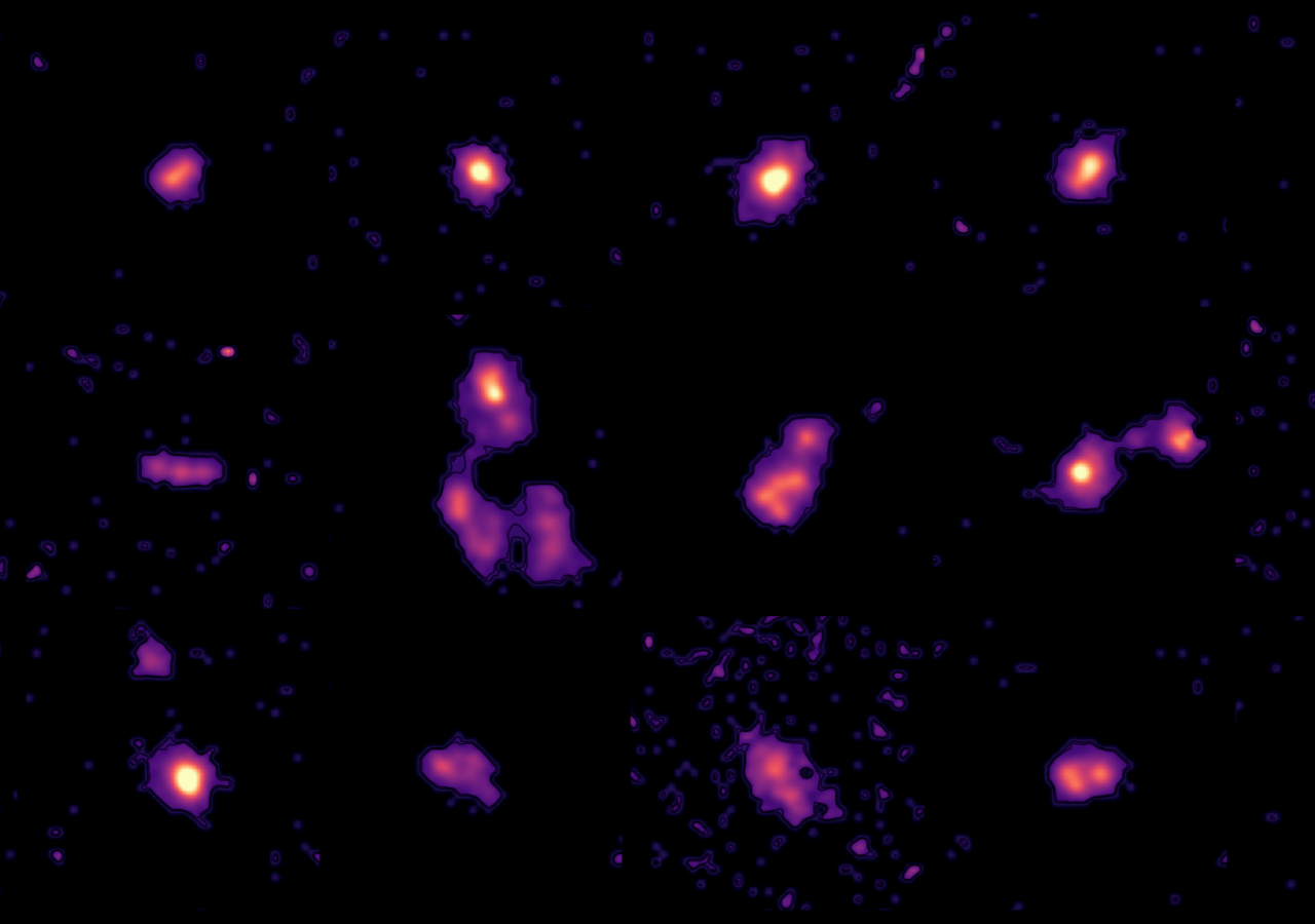 Zwölf der 18 Galaxien aus der ALPINE-CRISTAL-JWST-Durchmusterung. Jedes Bild zeigt die Lage von ionisiertem Gas in den Galaxien. Mehrere der abgebildeten Galaxien interagieren, das heißt, zwei oder sogar drei Galaxien befinden sich gerade im Prozess der Verschmelzung. Bild: Andreas Faisst (Caltech)/ALPINE-CRISTAL-JWST-Survey-Team