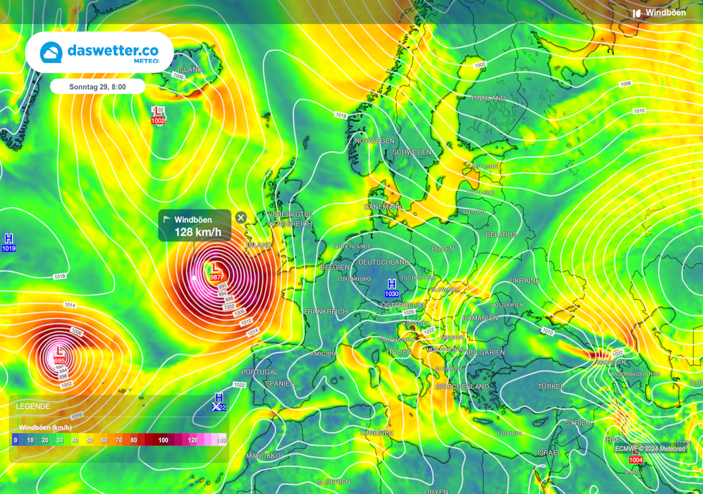 meteored Wetterkarte mit prognostizierten Windböen für Sonntag, 29.09. um 08 Uhr.