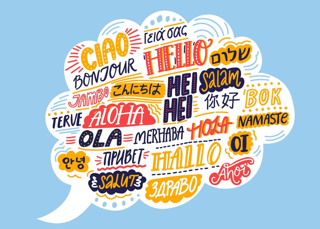 Hello in different languages. Speech bubble cloud with handwritten words. Hello in different languages. Speech bubble cloud with handwritten words.